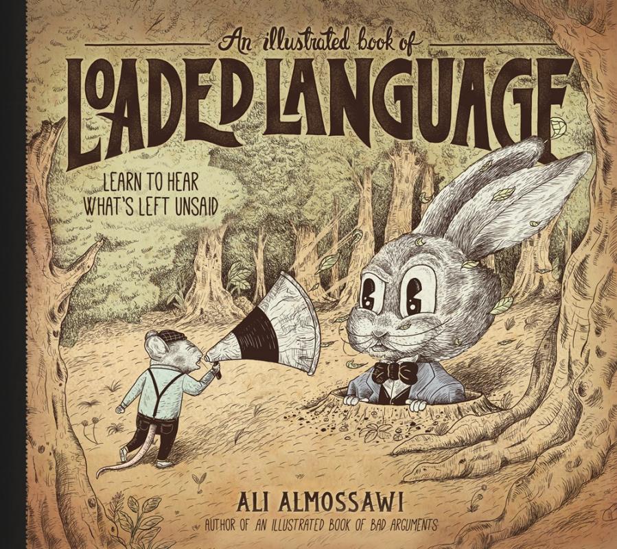 an illustrated mouse speaks into a megaphone directed at a rabbit's face as the rabbit's ears are blown back by the sound and makes a suspicious face at the mouse