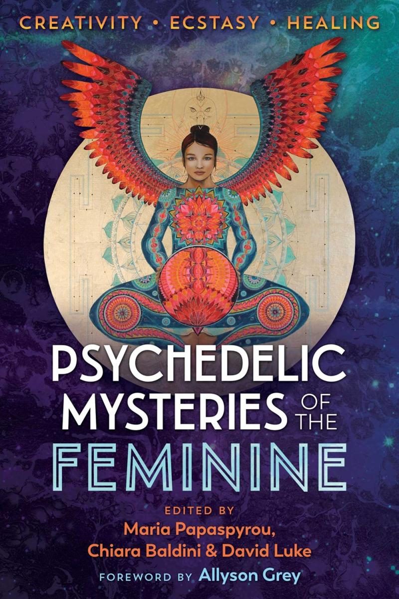 female symbolic creature with white and blue text