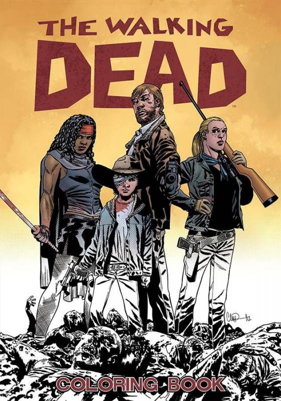 Cover with half-colored image of characters standing over zombies 