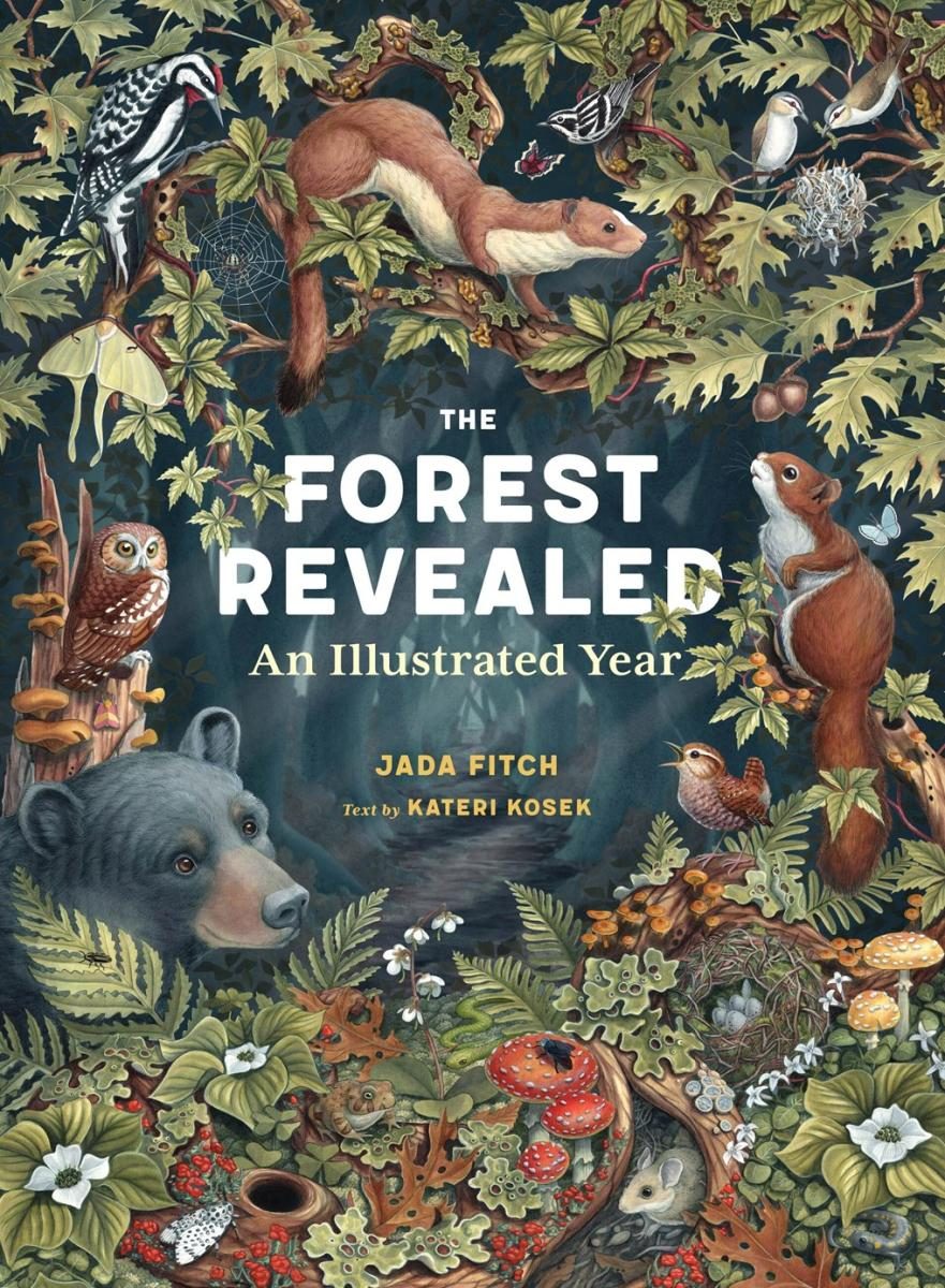 illustration of forest plants and animals with bold white text in center