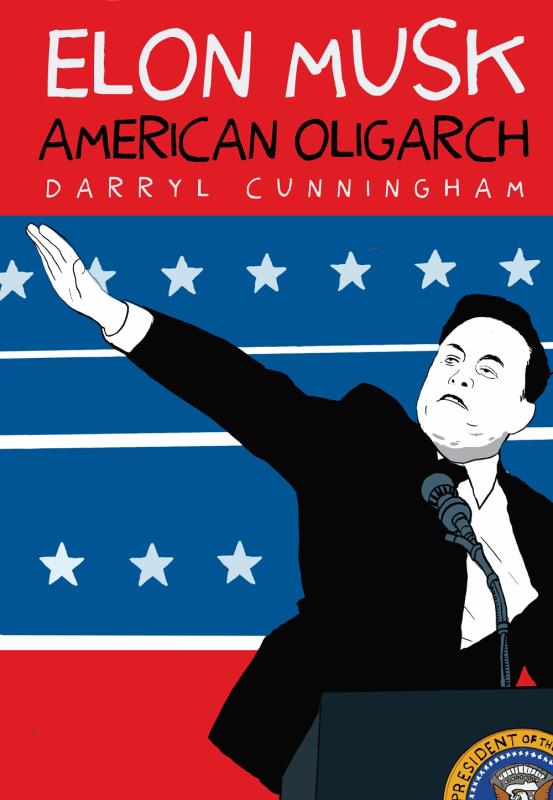 Elon Musk doing a nazi salute over red white and blue stripes and white stars