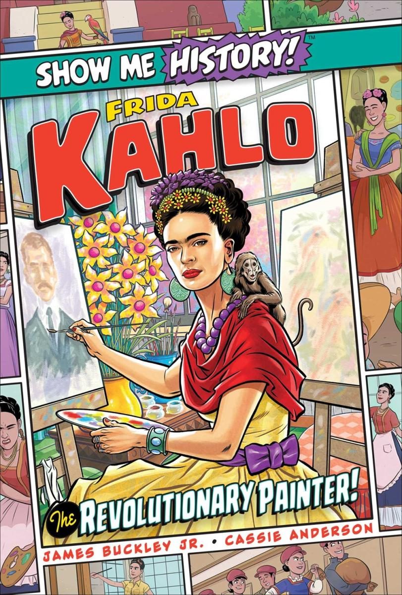 colorful illustration of frida painting with red text