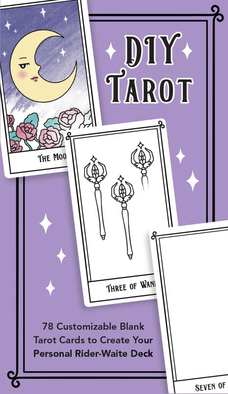 a lavender deck box with images of three hand-drawn tarot cards