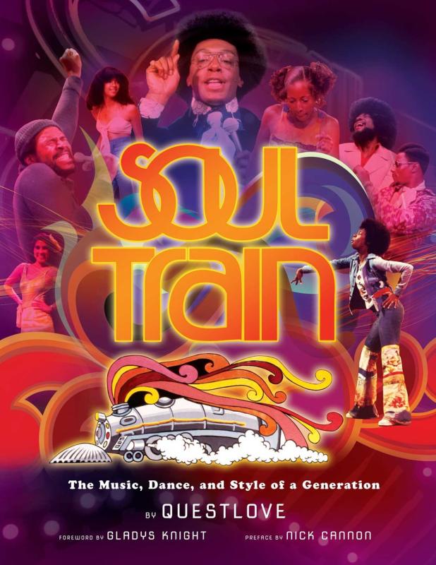 Colorful retro book cover featuring  artists and characters from Soul Train.