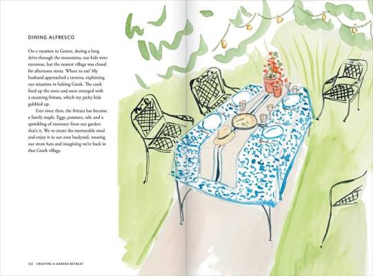 Interior illustration of a dining table in the garden.