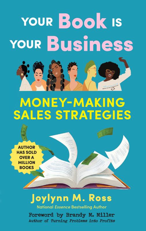 Six headshots of confident Black women in a row above an open book spewing out pages and dollar bills.