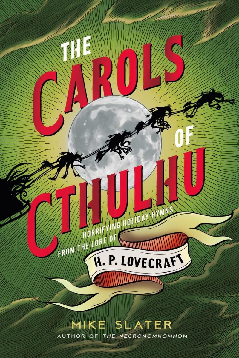 green cover with red text and illustration of monster santa reindeer in the sky