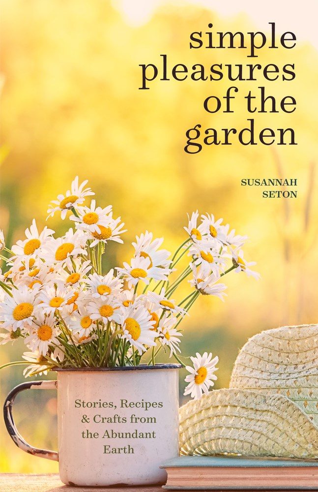 daisies in a tin cup over a glowing yellow bokeh, in front of a straw hat atop a book