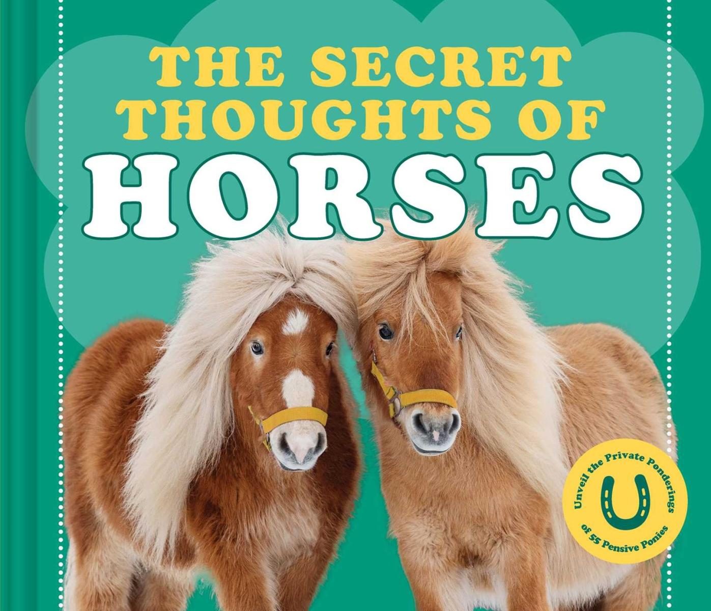 close up of two mini horses with bold white and yellow text on green cover