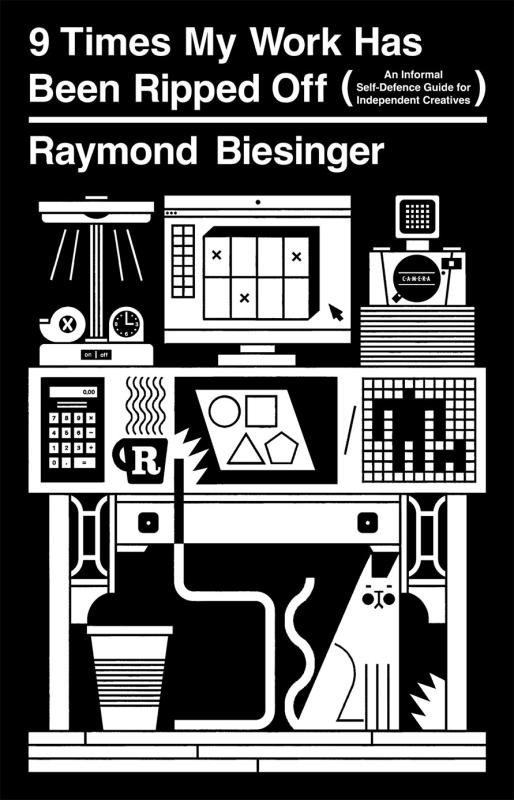 Cool infographic style rendition of a cluttered desk, complete with a cat and coffee
