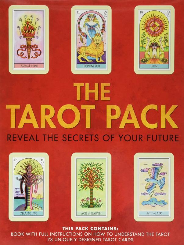 a spread of six illustrated tarot cards face up against a red background