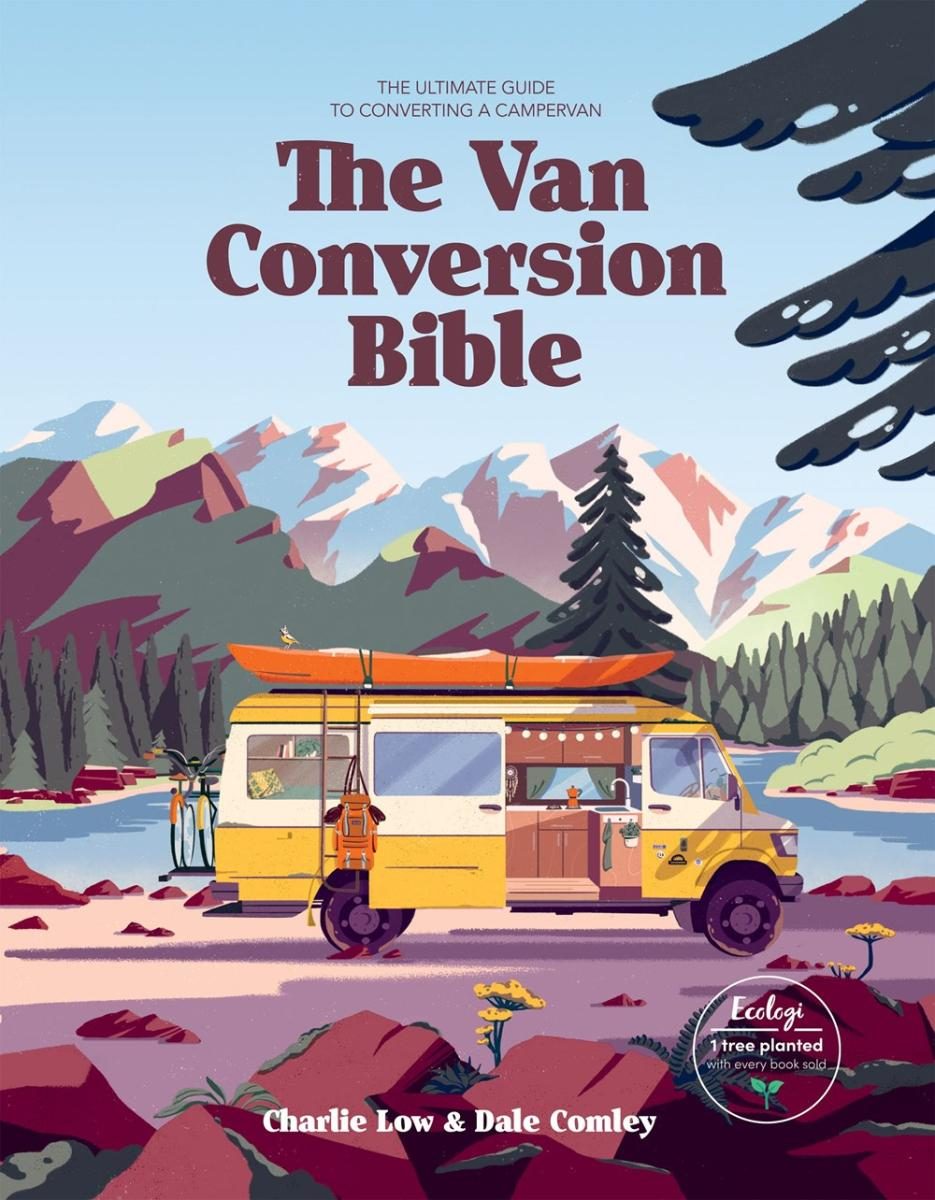 A campervan parked in front of a mountain range and a lake 