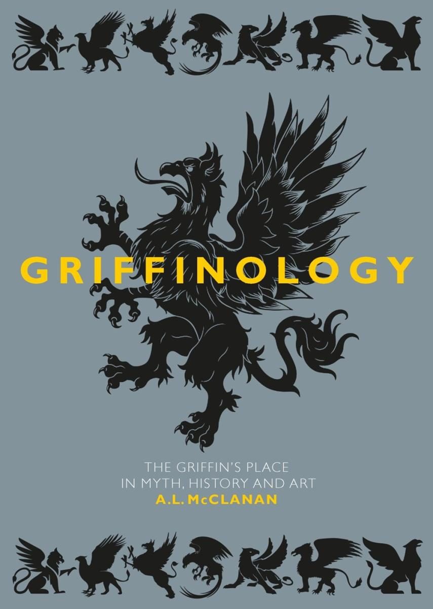 central griffin with a line of griffins at the head and foot, over a grey background
