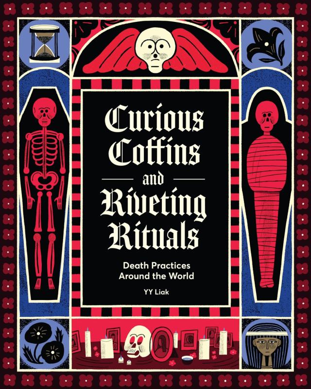illustration of people in coffins with blue and red cover and white bold text