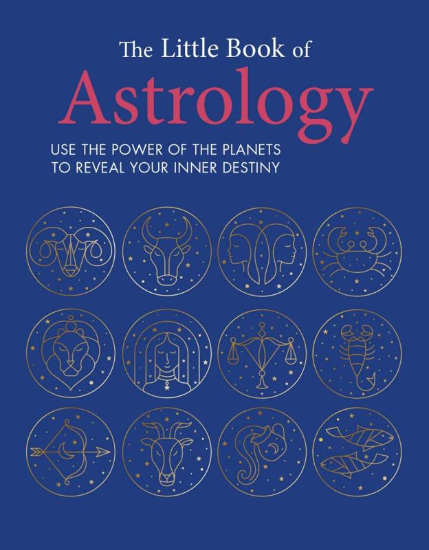Dark blue book cover featuring red title text and golden line illustrations of zodiac signs.
