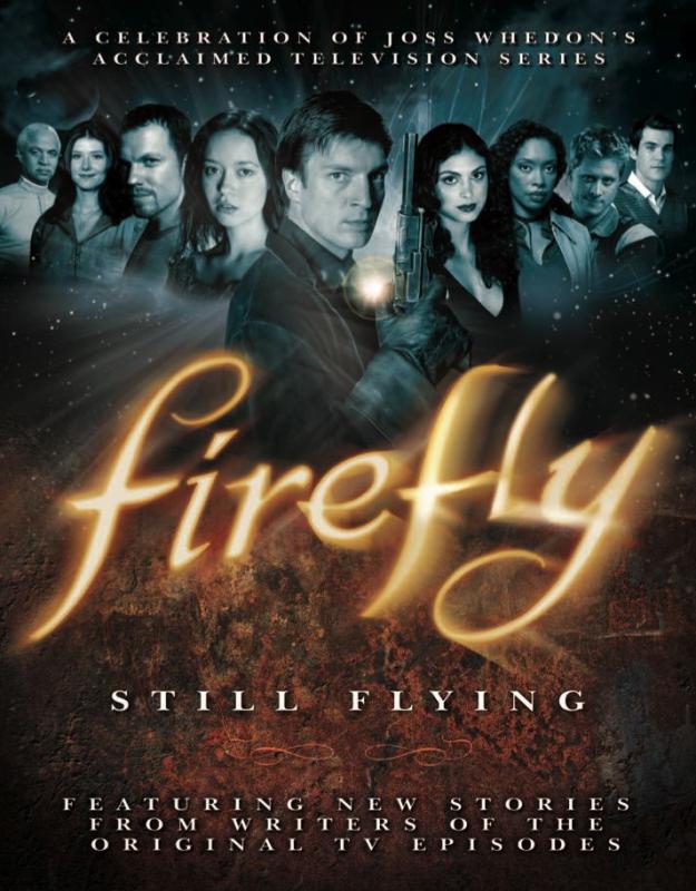 The cast of the show Firefly lined up in a blue gradient above glowing golden text.