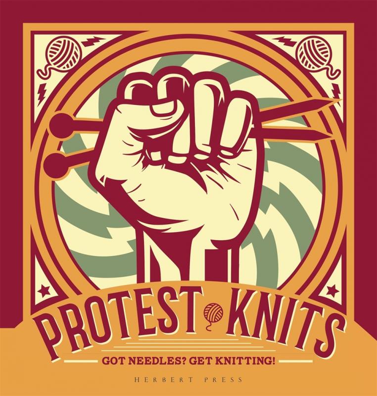 Cover with drawing of raised fist holding knitting needles