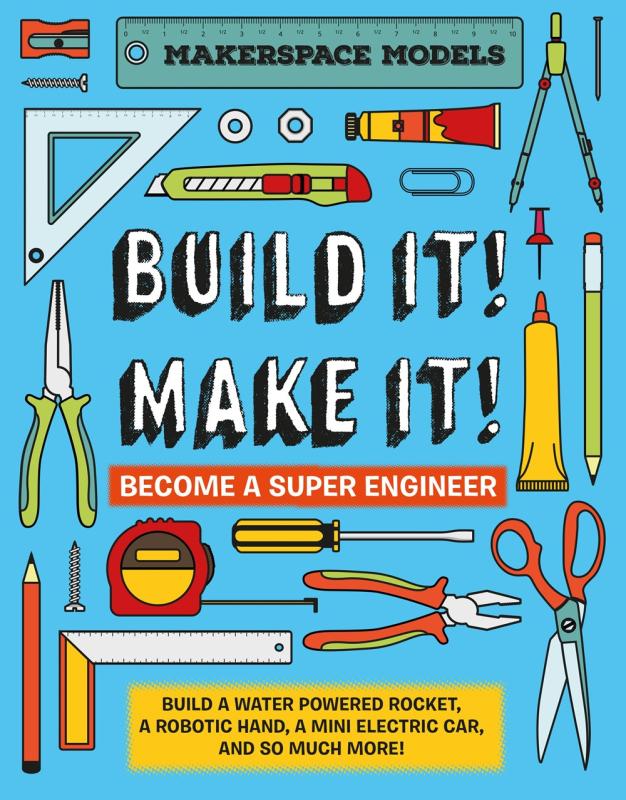 many tools around the cover over a light blue background