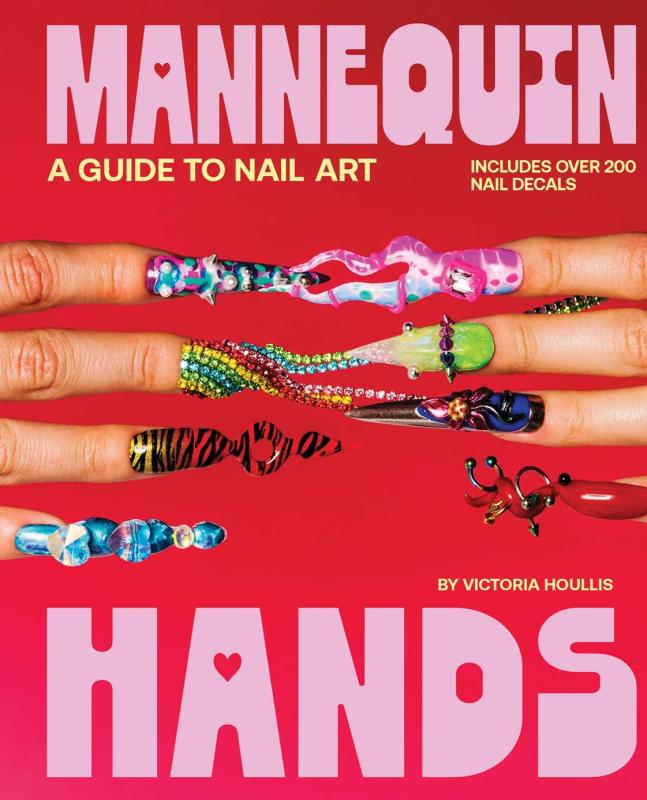 red over with bold pink text and illustration of two hands with colorful nail designs