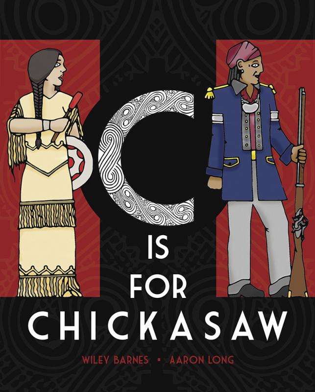 a chickasaw woman with a drum and a man with a rifle. 