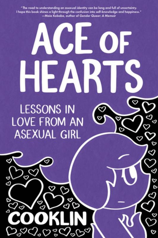 Cartoon person in purple with the info text in a similarly colored, oddly shaped thought bubble, over a background of black with white outline hearts