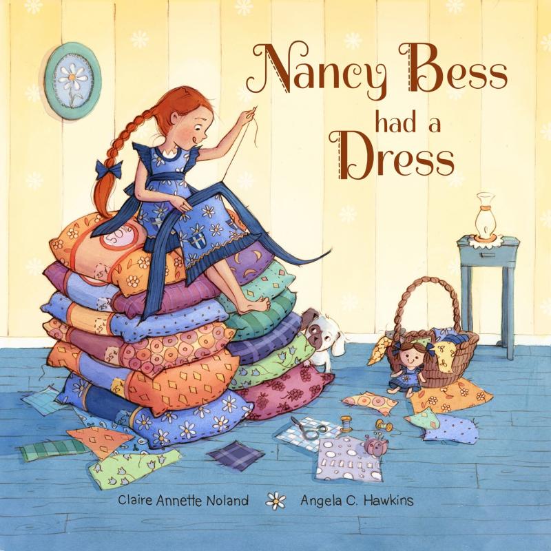 Kid sews in their room, sitting atop a stack of pillows with fabric littering the floor and a basket with a doll leaning on it