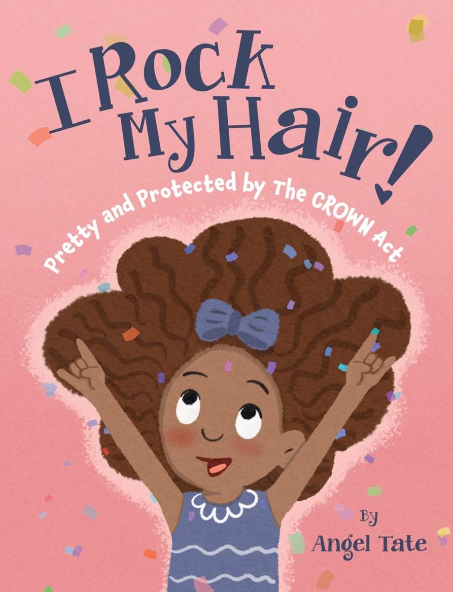 Kid makes rock on signs with her hands looking up at her hair, with confetti all around