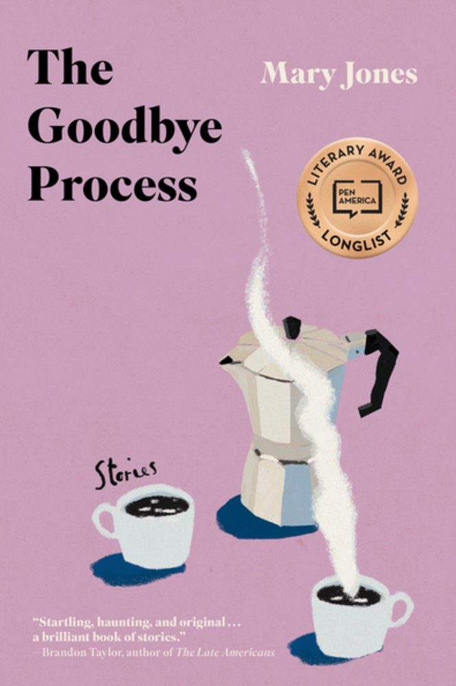 pink with bold black text and illustration of a moka pot with two cups