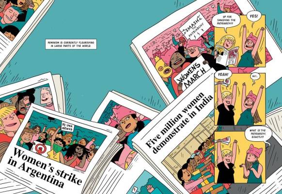 Colorful comic panel depicting piles of newspapers and magazines with feminist movement headlines.