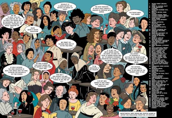 Group illustration of dozens of historical feminist figures sharing inspirational quotes.