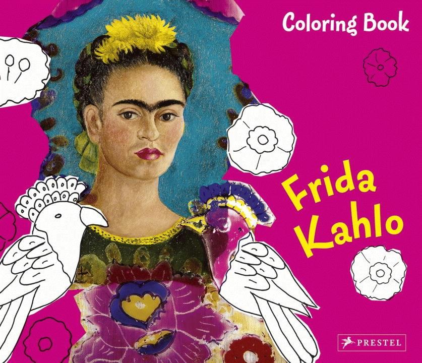 frida kahlo's famous self portrait, with black and white line drawings waiting to be colored in around the outside.