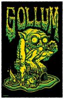 Green and yellow illustration of Gollum over black background.