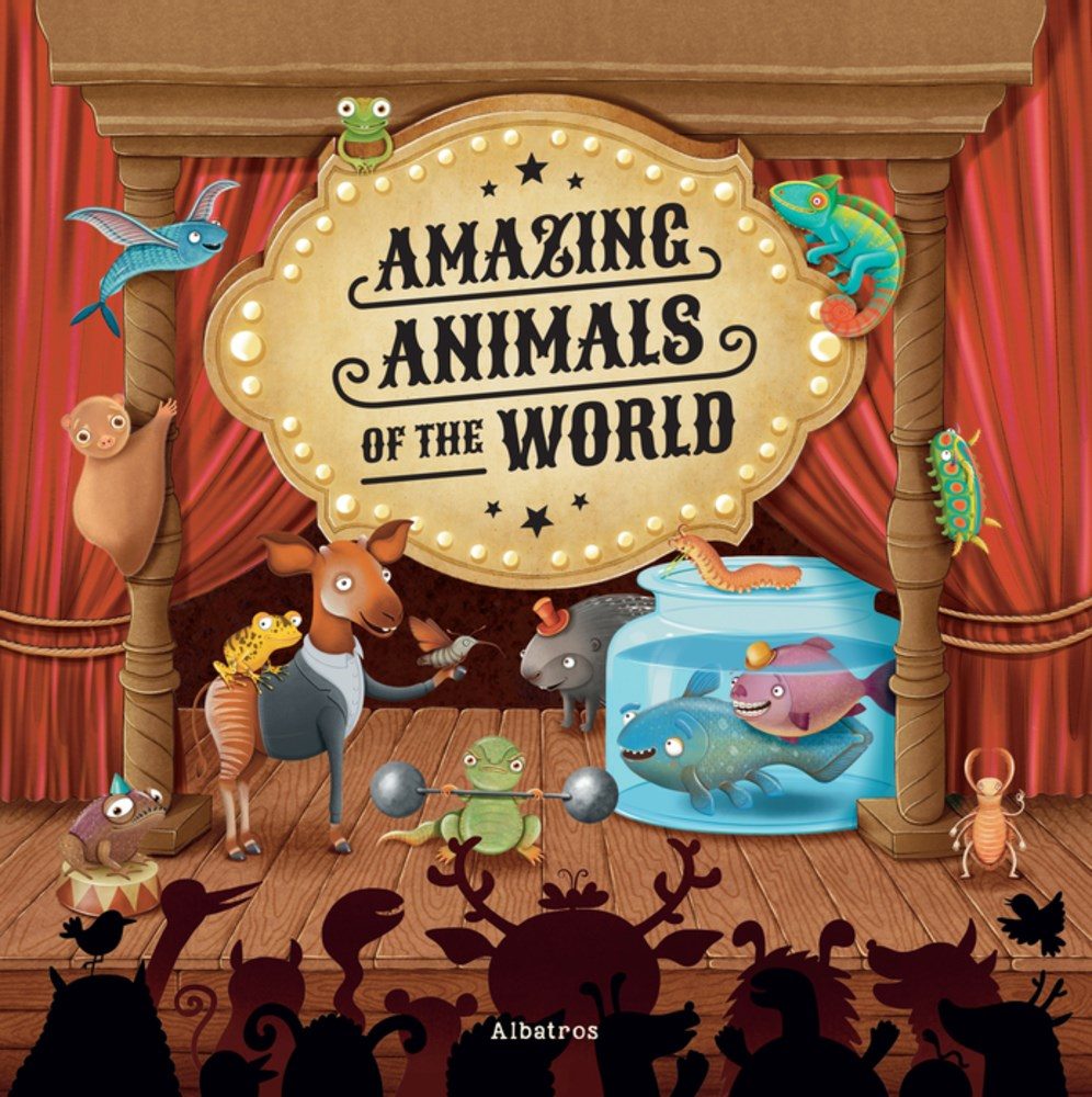 Animals on a stage with silhouettes of audience member animals