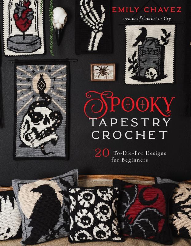 Spooky tapestries on a wall, below them spooky crocheted pillows