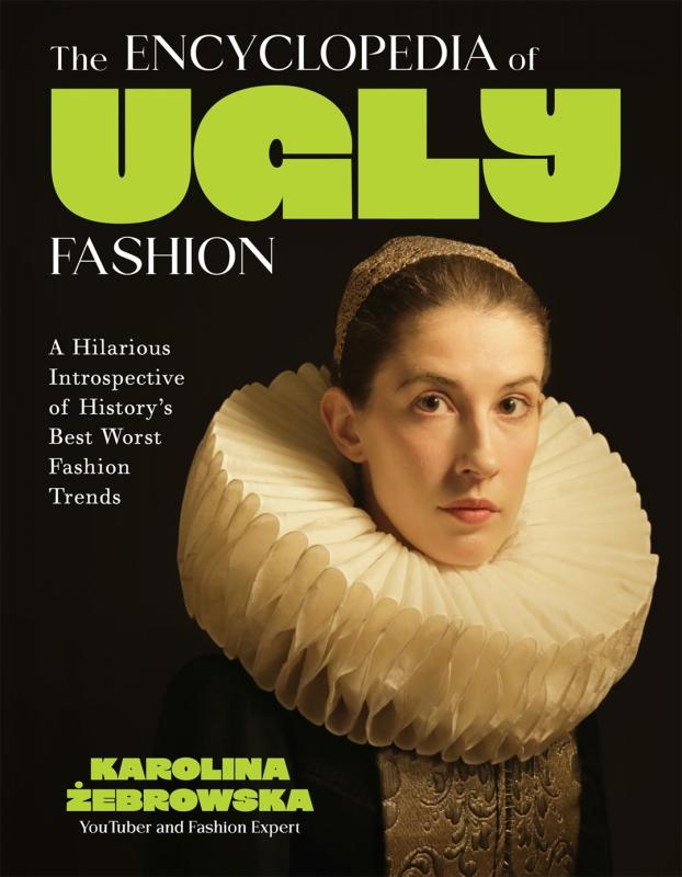 black cover with illustration of person wearing a large ruffle collar with bold green text