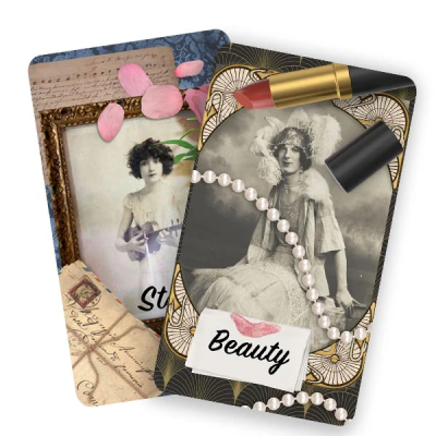 Cards featuring black and white photographs with some pearls and lipstick about in the frame and labels