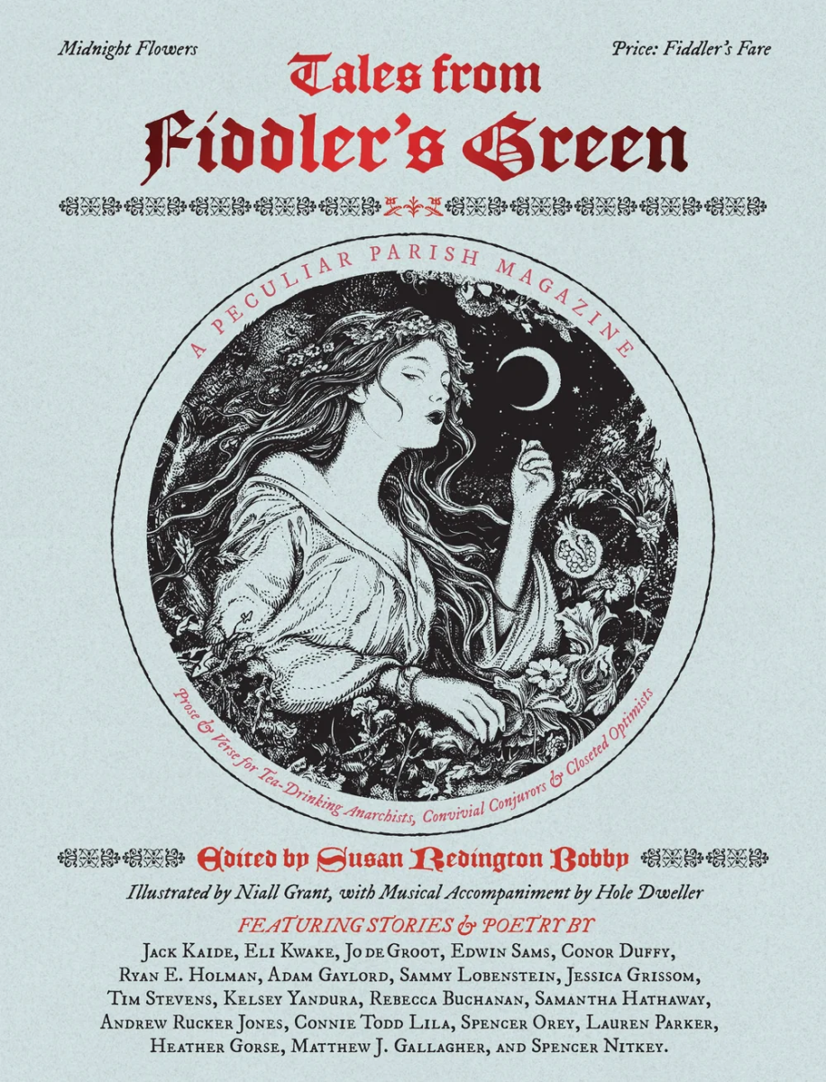 Long haired figure with a flower crown, around plants, a pomegranate, and the moon, all inside a circle  