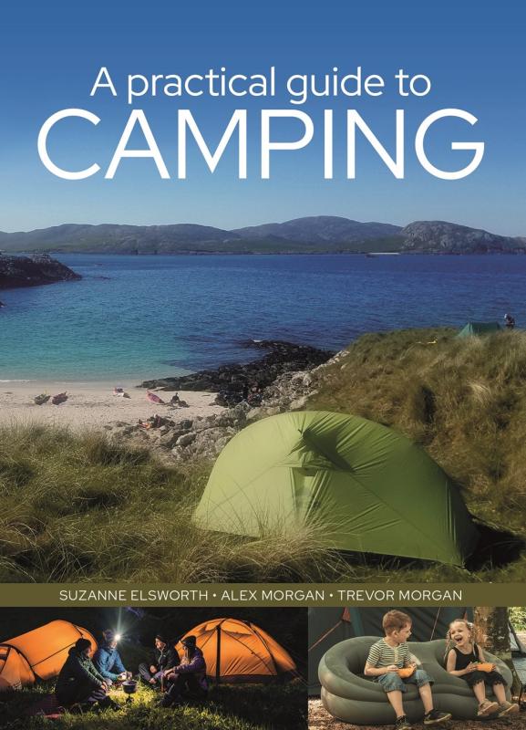 three pictures, one with tent next to the ocean, one with two tenters talking, another with two kids talking