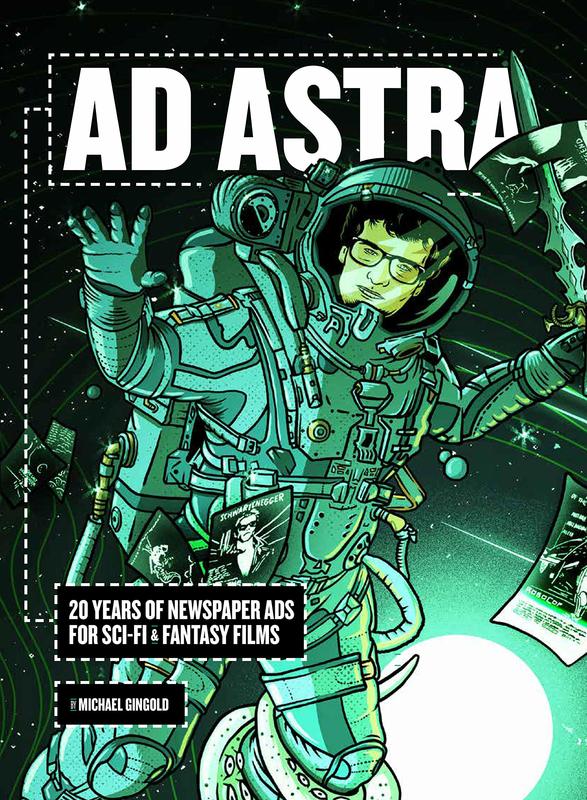 A green and black drawing of an astronaut wielding a sword and surrounded by various paper flyers for spec fic movies.