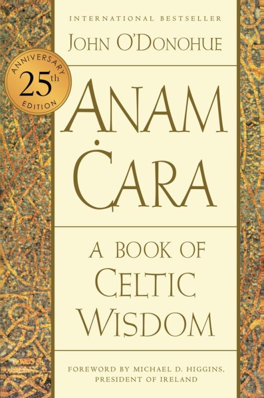 Title text inside a beige vertical banner, over a background of faded stone Celtic spirals