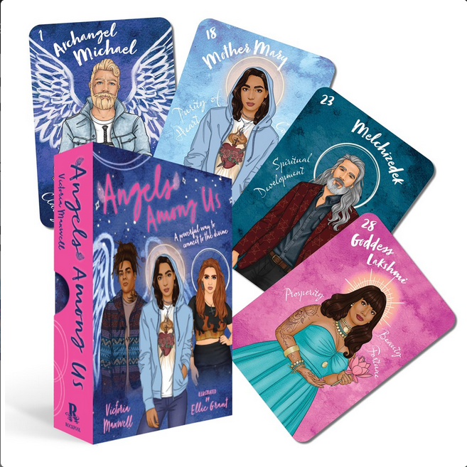 A card deck featuring illustrations of modern people portrayed as angelic.
