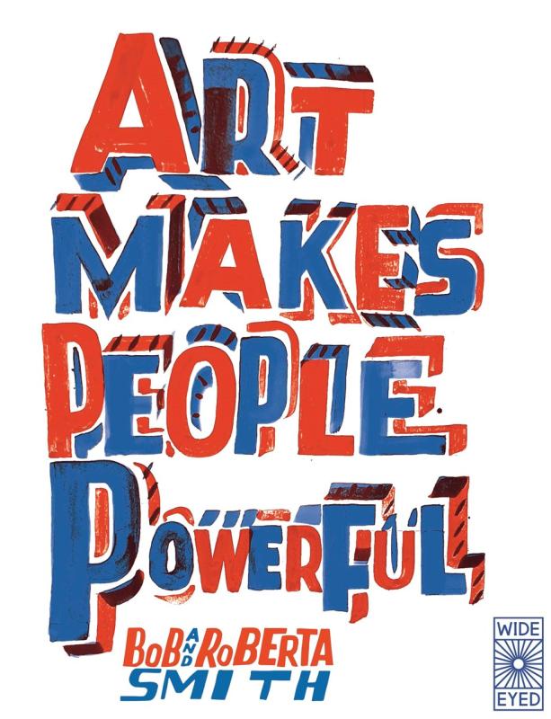 Red, white and blue block lettering over a white background