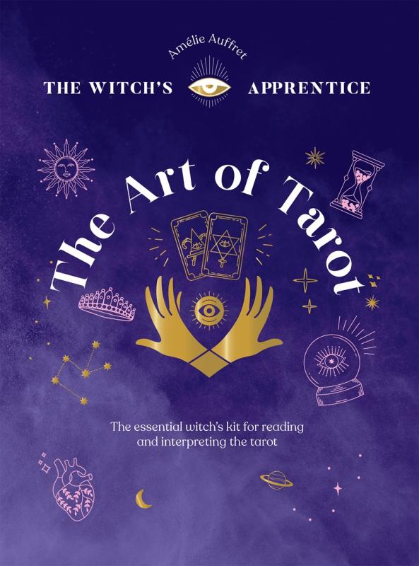 Hands around an eye symbol, and a crown, a crystal ball, an hourglass, two cards, a sun, a heart, constellations and stars, over a slightly smoky purple background