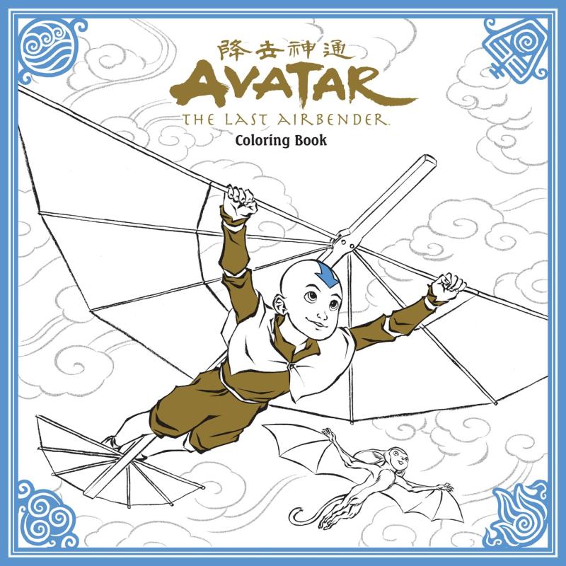 Ang on a glider with a creature and clouds among them, with elemental symbols in the corners in the bordering of light blue