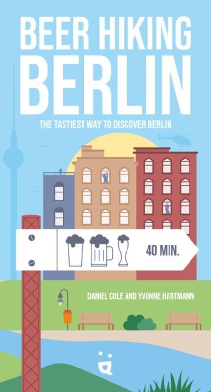 Book cover featuring simple illustration of signpost with beer glasses on it imposed over several urban buildings, grass, and the sun on a light blue background.