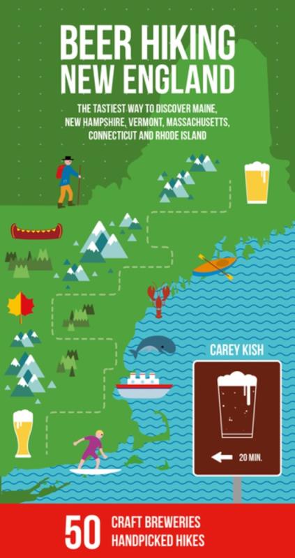 Book cover featuring title in white block text over simple illustrated map of New England, including places marked with small icons of lobster, beer glasses, canoes, mountains, etc.