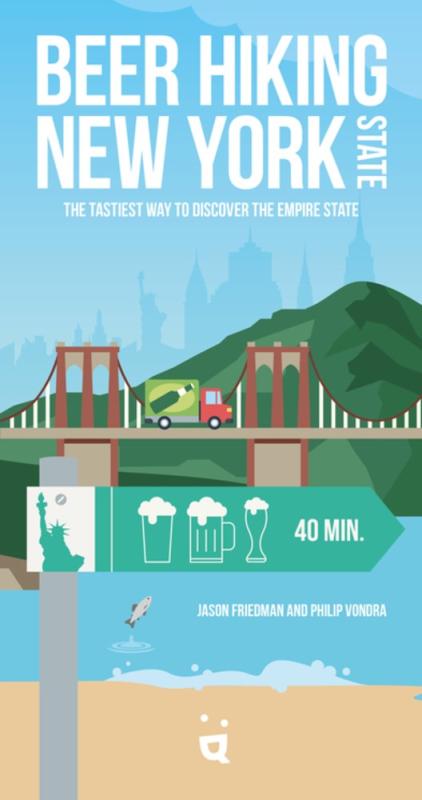 Book cover featuring title in white block text over simple illustration of a sign post with beer glasses on it in the foreground of green hills, the Brooklyn Bridge, and a distant cityscape, all on light blue background.