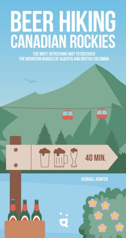 Book cover featuring signpost with beer glasses printed on it over simple illustration of a mountain landscape, with white title text over blue sky background.