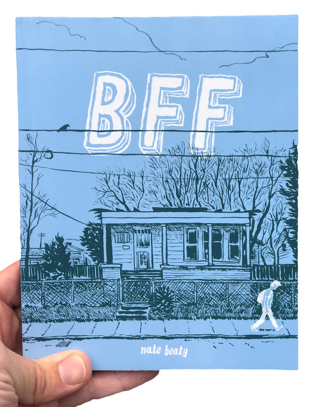 A blue book cover with an illustration of a small, old house and a person walking down the sidewalk