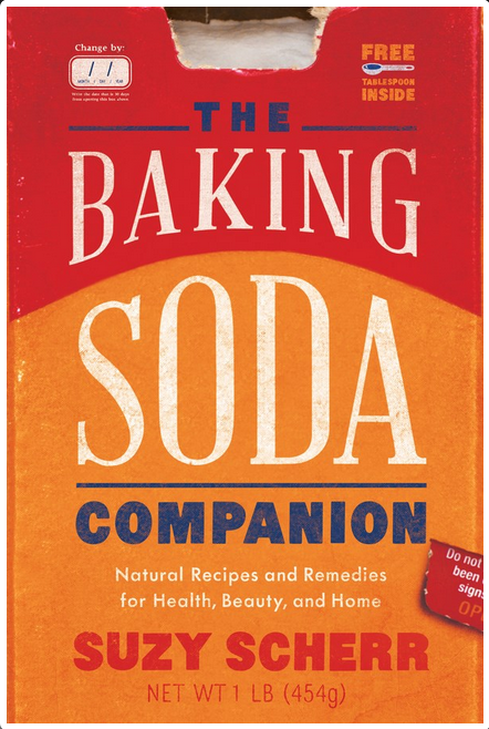 Cover is in the style of a traditional red and orange baking soda box for the fridge with white and blue text.